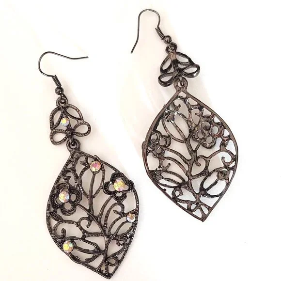 Dark metal dangle earrings with aurora borealis bead accents - Picture 10 of 10